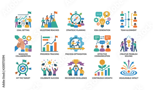 Set of business and teamwork icons showing goal and planning
