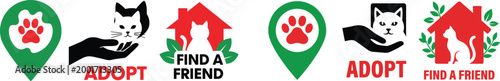 Adopt a friend colorful animal shelter promotion with paw prints and houses