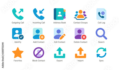 Contact and call icons showing phone and address features on white