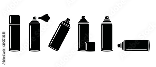 Spray Paint Can Icon Set, Aerosol Spray Bottle Vector Symbols, Graffiti Art Supplies, Industrial Product Containers, Flat Minimalist Black Graphics for Design Projects, Creative Hardware Tools Element