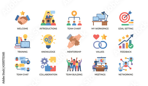 Teamwork and onboarding icons illustrating office collaboration