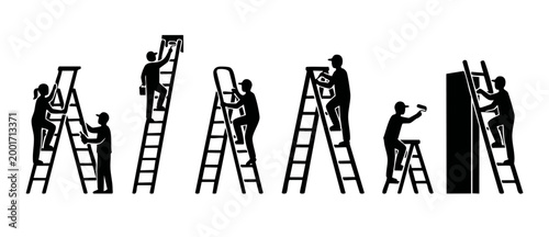 Painter silhouette icon set on ladder, workers performing home renovation, painting walls and construction maintenance collection, flat black vector illustration for professional services and repair s
