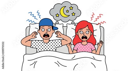 A man and woman are shown lying in bed, visibly disturbed and unable to sleep due to noises. Their expressions convey frustration and restlessness.