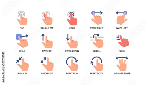 Hand icons demonstrating touch gestures on white background