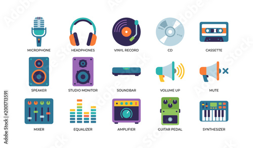 Collection of audio and music equipment icons on white background