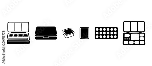 Watercolor paint set and palette icon collection, artistic painting supplies vector illustration, creative tools for design, art studio materials, isolated black and white minimalist graphic elements