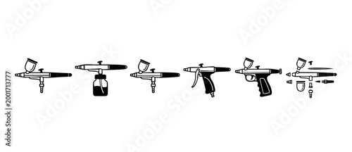 Airbrush tool set icon collection, professional painting equipment and art supply vector illustration, isolated black symbols for spray paint, artistic craft tools, detailing nozzle and nozzle parts d