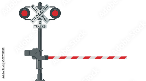 An active railway crossing sign with red lights and a lowered barrier to block the road, indicating the presence of train tracks and emphasizing safety.