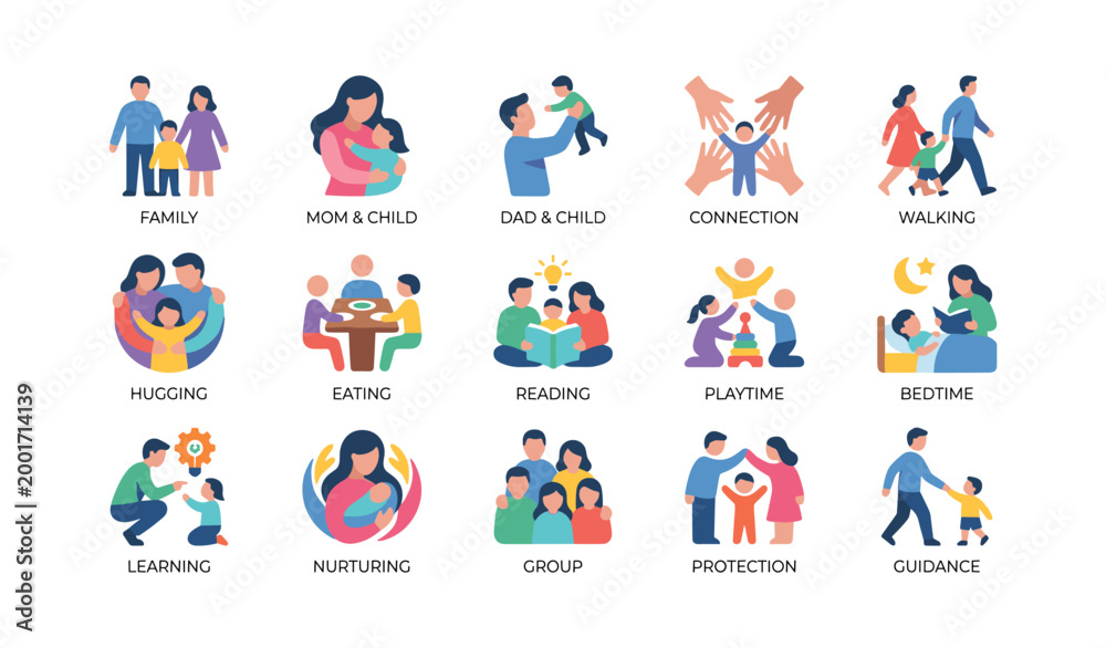 Fototapeta premium Family icons depicting caregiving activities on white background