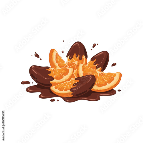 Принти на полотні Orange slices dipped in dark chocolate, with chocolate sauce splashes, flat design illustration, isolated on white background, sweet dessert treat