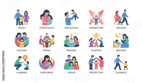 Family icons depicting caregiving activities on white background
