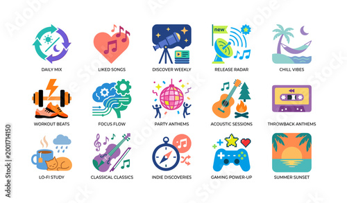 Music playlist and mood icons arranged in a grid on white background