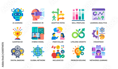 Education technology and learning icons arranged in grid