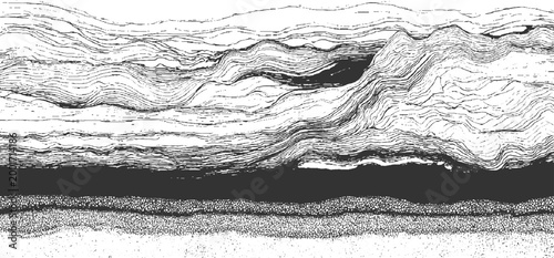 Black and white abstract representation of layered geological strata with wavy lines and granular textures