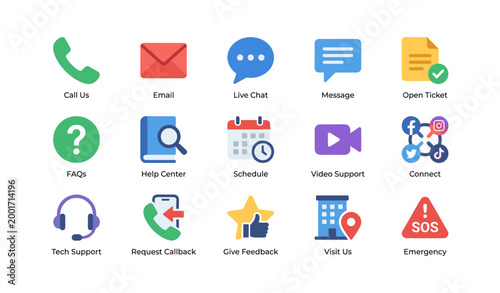 Customer support and contact icons shown in a grid on white background