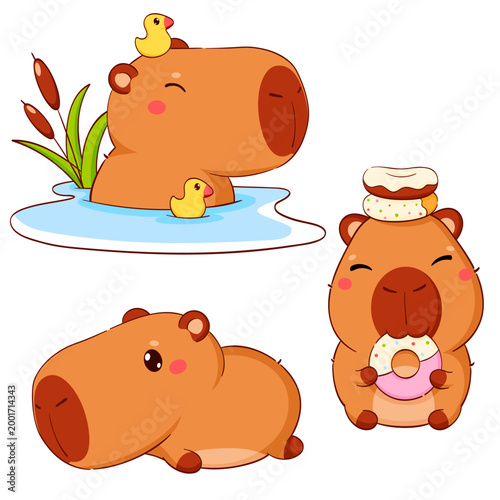 Baby collection of little capybara in different poses. Sweet baby animal in kawaii style. Set of cute cartoon pet. Can be used for t-shirt print, sticker, badge, greeting card design. Vector EPS8