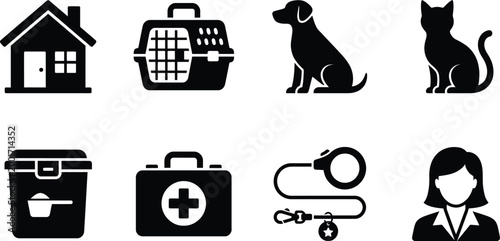 Black silhouette icons veterinary medicine travel and personal care