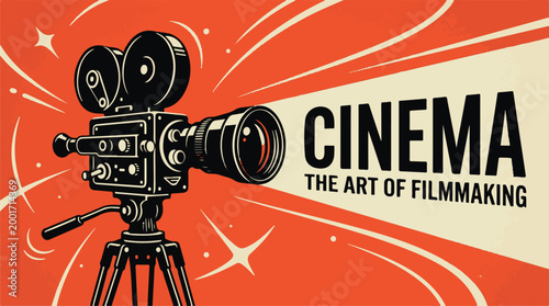 Illustration of a vintage film camera on a tripod with a cinema text banner, representing filmmaking and the art of cinema.