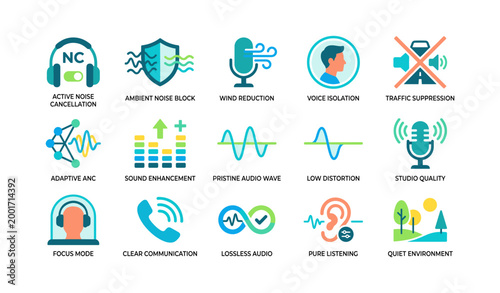 Audio and noise control icons showing sound on white background
