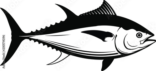 Black and white illustration of a large atlantic bluefin tuna fish