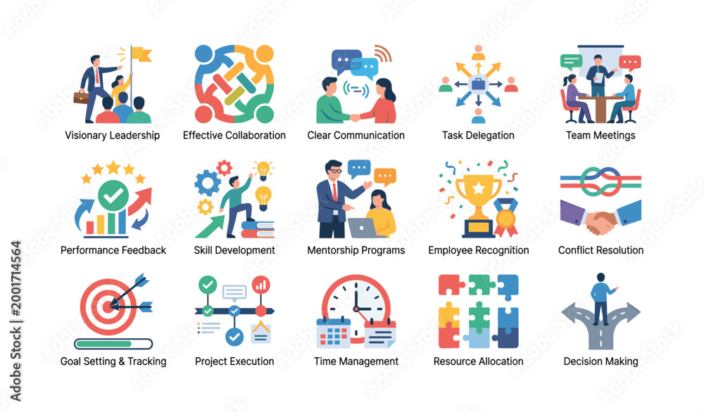 Fototapeta premium Team leadership and management concept icons in grid layout
