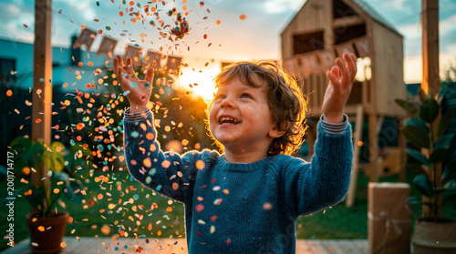 Happy child throwing colorful confetti in the air during outdoor birthday party at sunset.