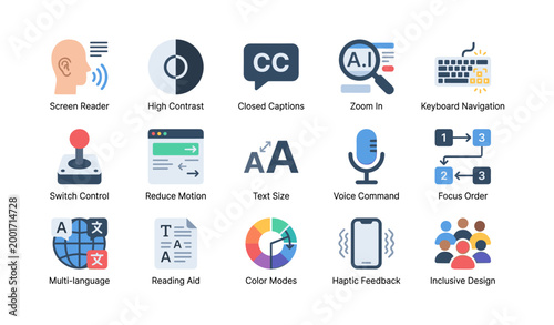Grid of accessibility and assistive technology icons on white
