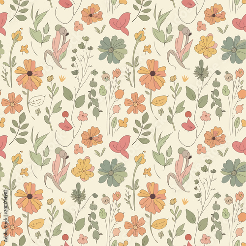 Vintage inspired garden pattern with cozy palette and intricate details
