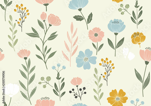 Vintage nature pattern with hand drawn charm and cozy tones