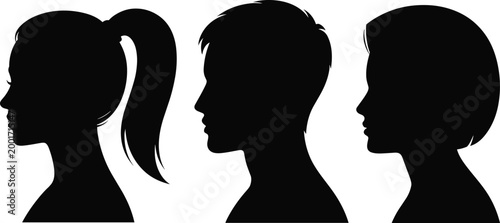 Set of female head profile silhouettes with ponytail short hair and bob hairstyles isolated on white background for design