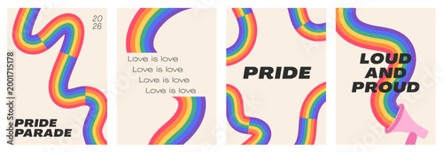 Retro Pride Parade poster set with 70s rainbow wave and megaphone. Minimalist LGBTQ wall art, Loud and Proud typography, and inclusive geometric banners for event marketing. Vector illustration