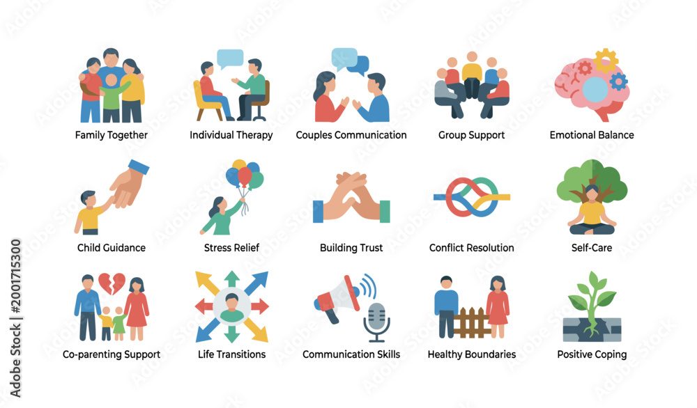 Fototapeta premium Mental health and therapy icons displayed on white background
