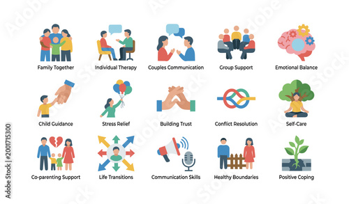 Mental health and therapy icons displayed on white background