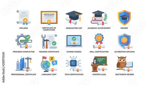 Certification and academic icons displayed on white background