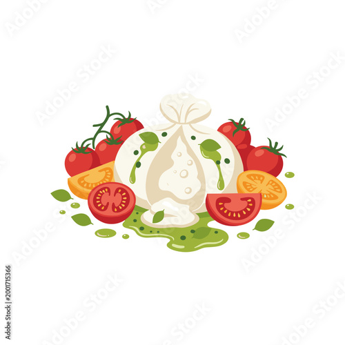 Creamy burrata cheese ball surrounded by ripe cherry tomatoes and fresh basil leaves drizzled with pesto sauce classic Italian appetizer illustration.