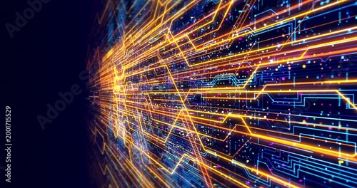 High speed data transfer concept with abstract digital circuit lines. AI And Futuristic Technology Related 4K Concept.