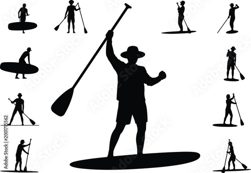Stand up paddleboarding silhouettes set with paddlers on boards, water sports people isolated on light background design