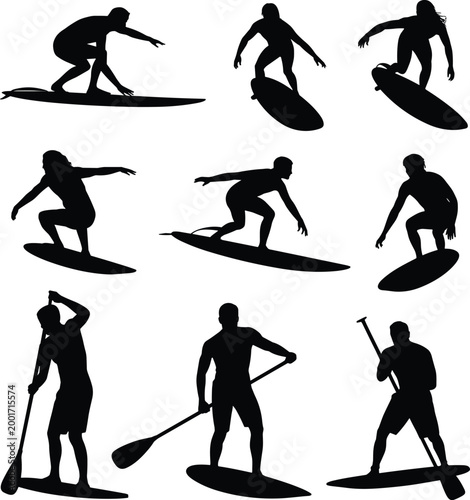 Surfing and paddleboarding silhouettes set, surfers and stand up paddlers in action isolated on light background