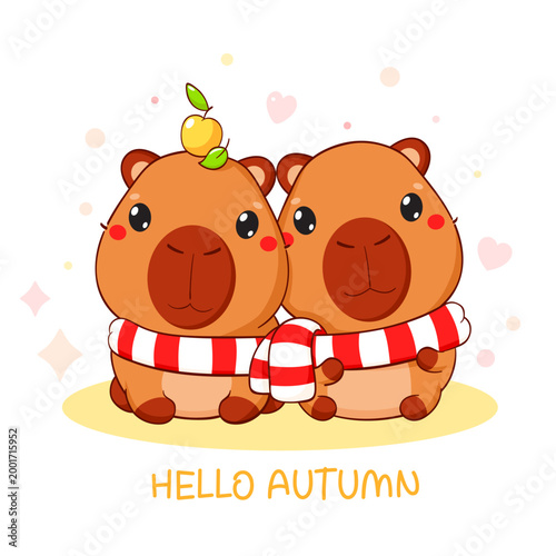 Hello autumn. Season card with cute capybara in kawaii style. Two Little capybaras wrapped in one scarf.  Can be used for t-shirt print, sticker, badge, greeting card. Vector illustration EPS8