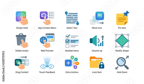 Touch gestures and interface action icons displayed in rows