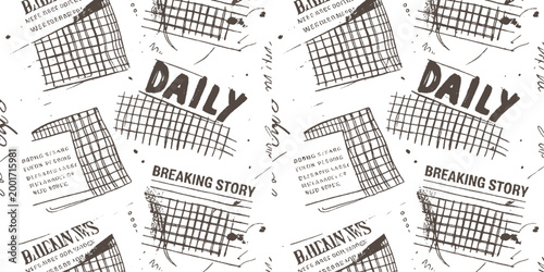 Repeating pattern of newspaper clippings with bold text and grid lines in a sketchy style daily breaking