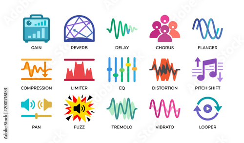 Audio effect icons showing sound controls and modulation on white