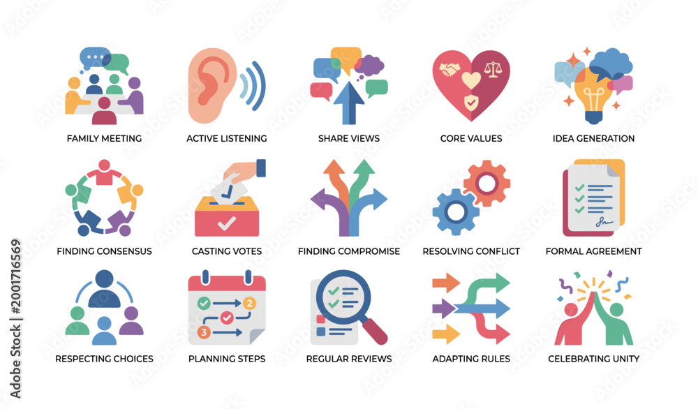 Fototapeta premium Family meeting icons showing communication and consensus processes