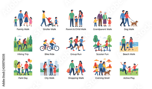 Groups and families walking and exercising in outdoor icon set