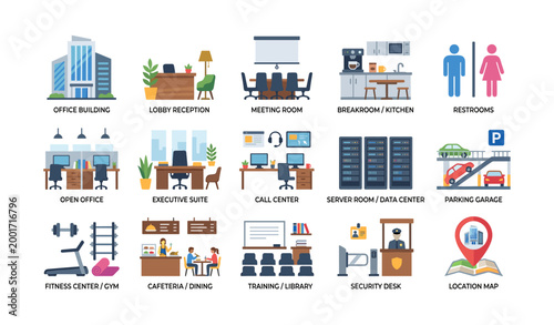 Office facility icons showing rooms and services in building