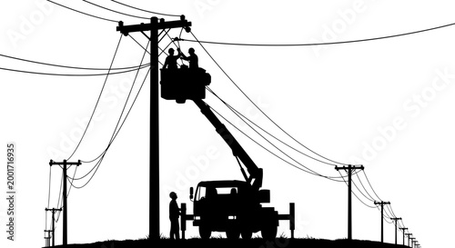 Linemen working on power lines from bucket truck silhouette, electrical maintenance