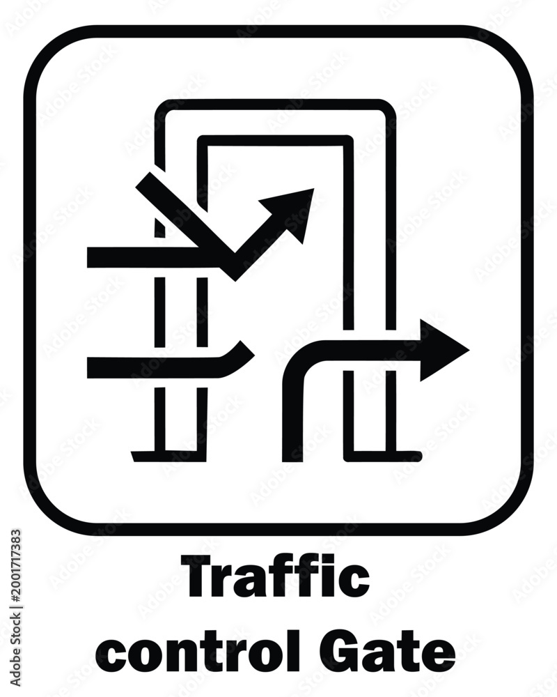 Fototapeta premium Black and white traffic control gate icon with directional arrows for network security data management cyber protection and digital flow monitoring.