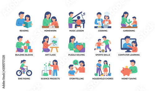 Children activities icons showing learning and play on white