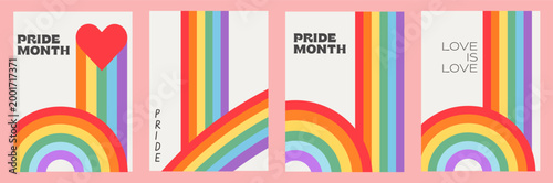 Queer Pride Month poster set with minimalist 70s rainbow graphics. Retro geometric LGBTQ vertical banners with Love is Love slogans. Backgrounds for queer events and social media. Vector illustration.