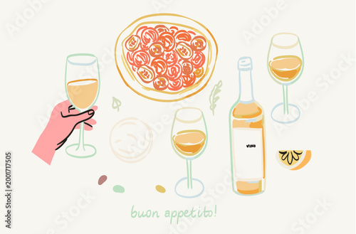 Wax crayon drawn doodle sketch Italian brunch greeting card. Hand drawn food colored illustration for poster, placard template. Doodle sketch mediterranean breakfast, picnic or dinner illustration.